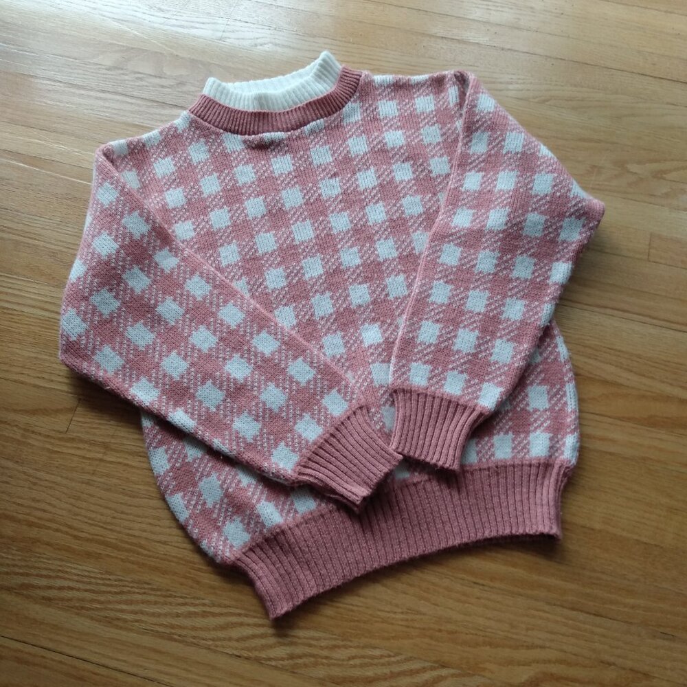 Vintage 90s Pink Sweater Buffalo Check Plaid Pullover 80s Retro Nepo Cottagecore